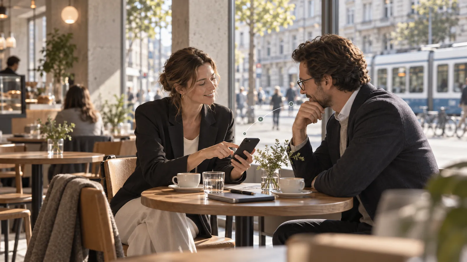 Zwei Personen sitzen in einem Zürcher Café und schauen gemeinsam auf ein Handy